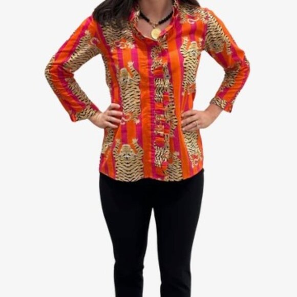 Liza Byrd Bessie Ruffle Blouse in Tangerine and Pink StripTiger Print Size S - Picture 3 of 12